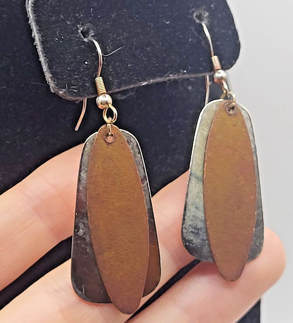 Rustic Textured Triple Layer Metal Paddle Dangle Earrings Artisan Casual 2in